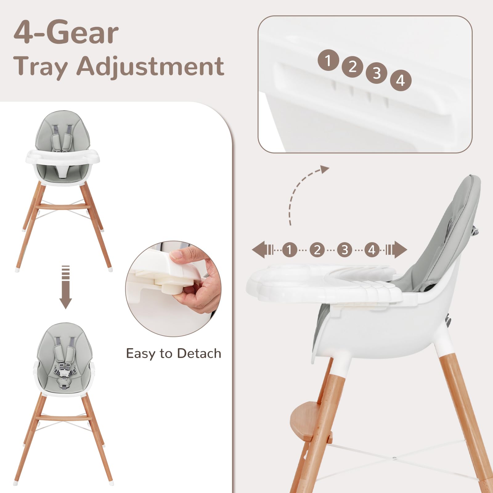 HONEY JOY Baby High Chair, Eat & Grow Beech Wooden Highchair for Babies and Toddlers, Removable Double-Layer Food Tray, 5-Point Harness, PU Cushion and Footrest for Infants Boys Girls (Gray)