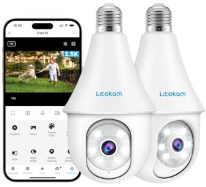 litokam 4mp light bulb camera 2 pack 2.4ghz 2k wireless outdoor 360° wifi cameras for home secuity outside indoor, full-color night vision, siren alarm, work with alexa