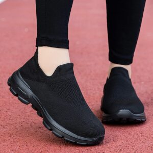 URLECHS Women's Elastic Knit Walking Shoes Breathable Mesh Lightweight Comfortable Slip On Loafers Soft Non-Slip Casual Sneakers (Black,8)