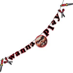 child's play chucky banner - 12' x 8.5" (1 count) | hot-stamped paper & ribbon design | perfect for horror-themed parties & events