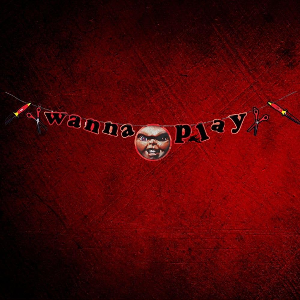 Child's Play Chucky Banner - 12' x 8.5" (1 Count) | Hot-Stamped Paper & Ribbon Design | Perfect for Horror-Themed Parties & Events