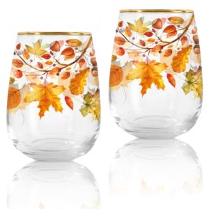 whaline 2pcs fall stemless wine glasses 17oz maple leaf drinking glasses with gold rim autumn leaves tumbler cups for party supplies gifts