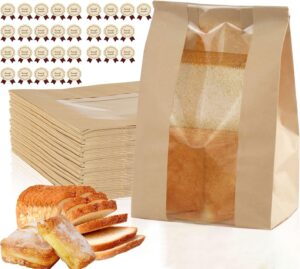 paper bread bags - 30 pack - homemade bread storage bags with clear window includes label seal stickers -bakery packaging bags for cookies, bread, and treats - large kraft 13.7x8.2x3.5inch brown