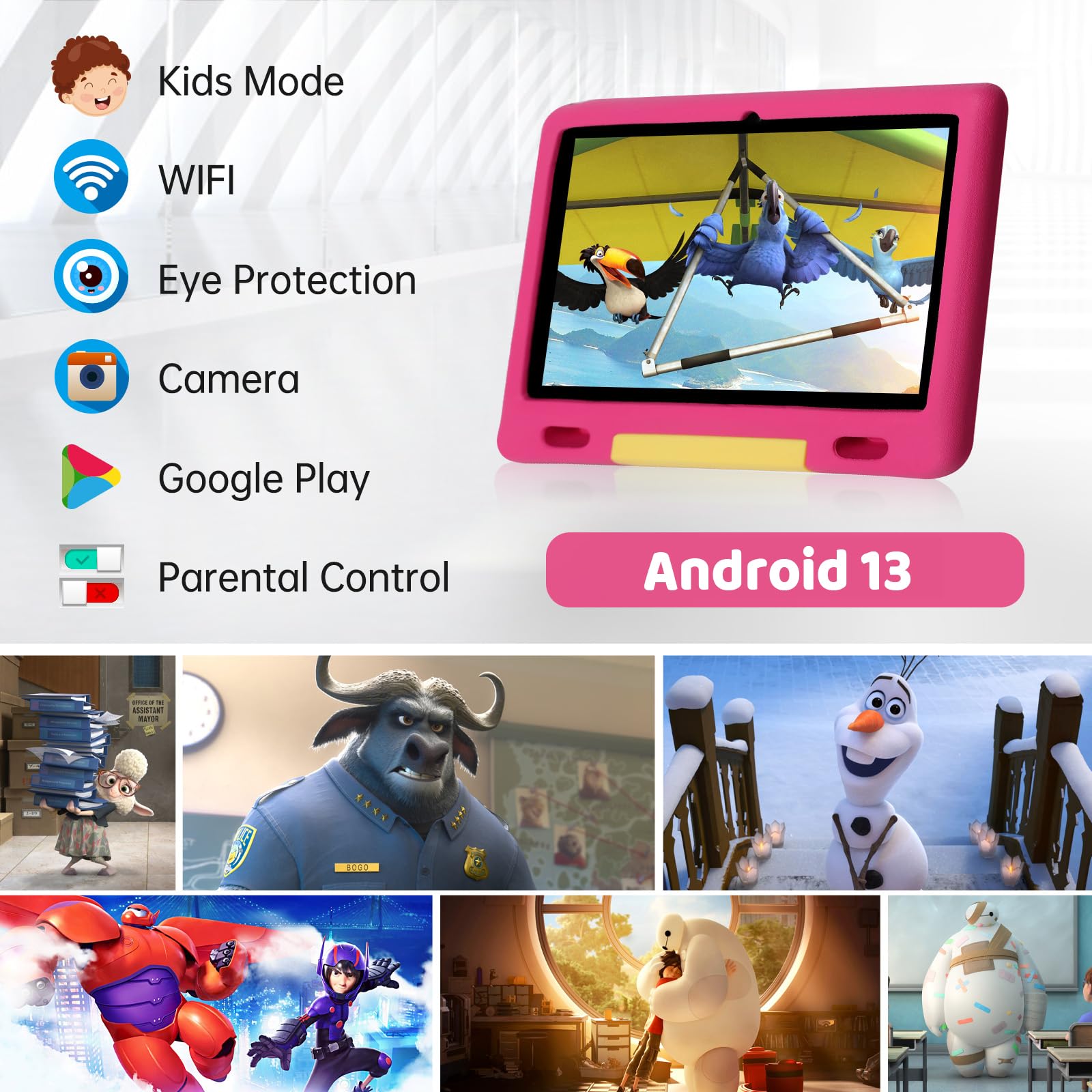 Lville Kids Tablet, 10 inch Android 13 Tablet, Tablet for Kids, Quad Core Processor, 6GB+64GB (128GB TF), 5000mAh, Kidoz Pre Installed, Parental Control, WiFi, Bluetooth, Kid-Proof Case (Pink)