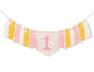 daisy 1st birthday highchair banner - pink yarn tassel banner,girl's pastel cake smash garland,boho 1st birthday decor,daisy theme first birthday party decoration,pink 1st birthday cake smash backdrop