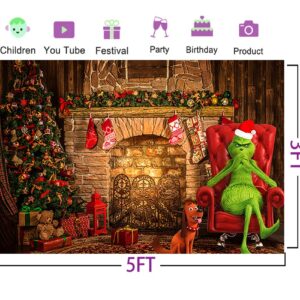 Retro Fireplace Backdrop for Christmas Party Supplies 5x3ft Grinch Red Sofa Photo Background Merry Christmas Photography Backdrop Grinchmas Banner