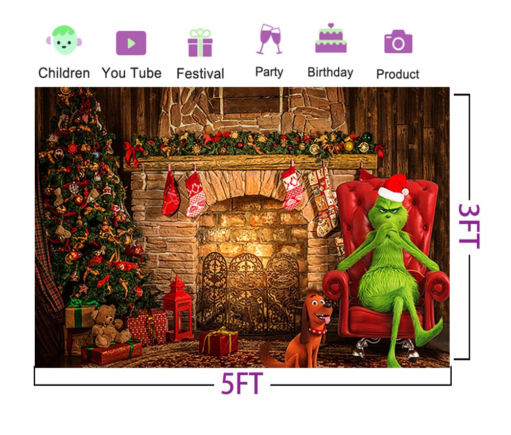 Retro Fireplace Backdrop for Christmas Party Supplies 5x3ft Grinch Red Sofa Photo Background Merry Christmas Photography Backdrop Grinchmas Banner