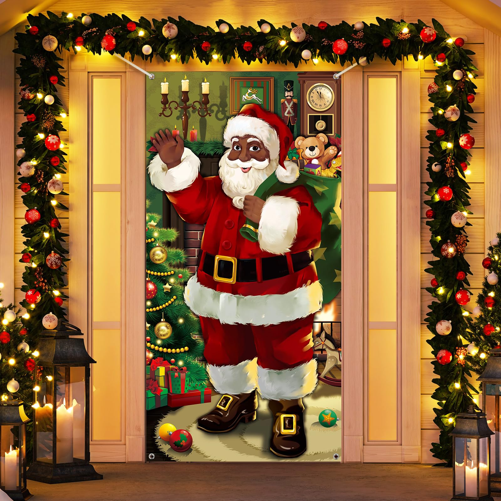 Santa Claus Door Hanging Banner - Christmas Front Door Decoration and Holiday Xmas Background