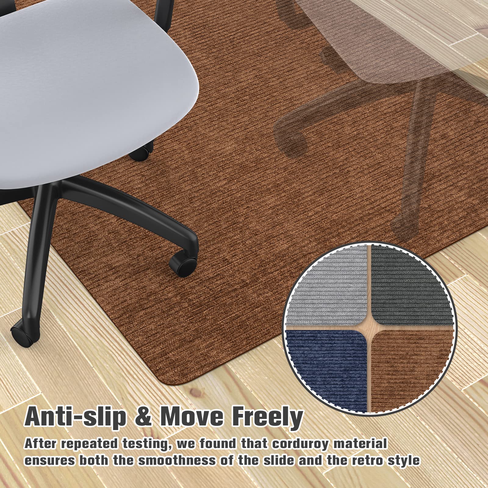 Placoot Desk Chair Mat for Hardwood Floor Corduroy Surface 1/6" Thick 48"x40" Office Chair Mat for Rolling Chairs-100% Large Anti-Slip Backing Under Desk Low-Pile Office Rug Floor Mat for Office/Home