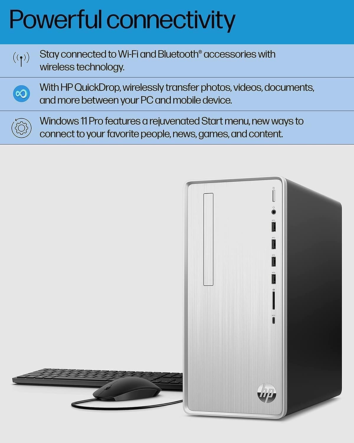 HP 2023 Newest Pavilion Desktop PC, AMD Ryzen 7 5700G (8 cores), 32GB RAM, 2TB SSD, 2TB HDD, AMD Radeon Graphics, Wi-Fi, Bluetooth, Keyboard and Mouse Combo, 9 USB Ports, Windows 11, Silver