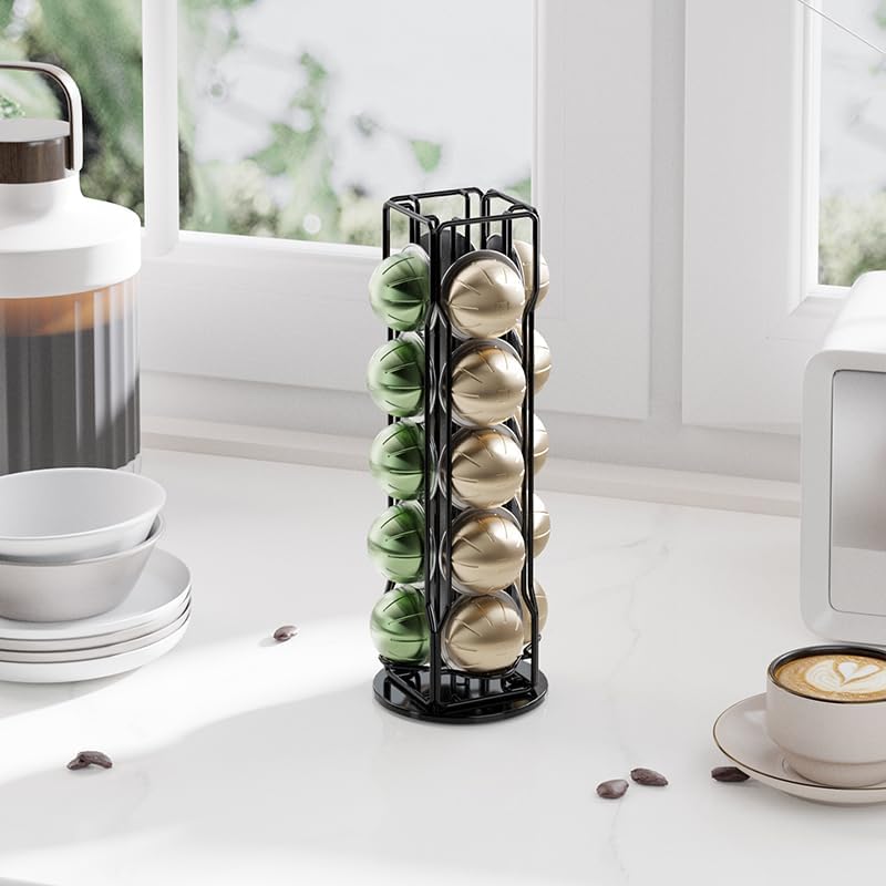 SEVENLINE 20 Vertuo Pods Coffee Pod Holder Compatible For Nespresso Vertuoline Stand Rack Holds Vertuo line Organizer Carousel 360-Degree Rotatable (Black)