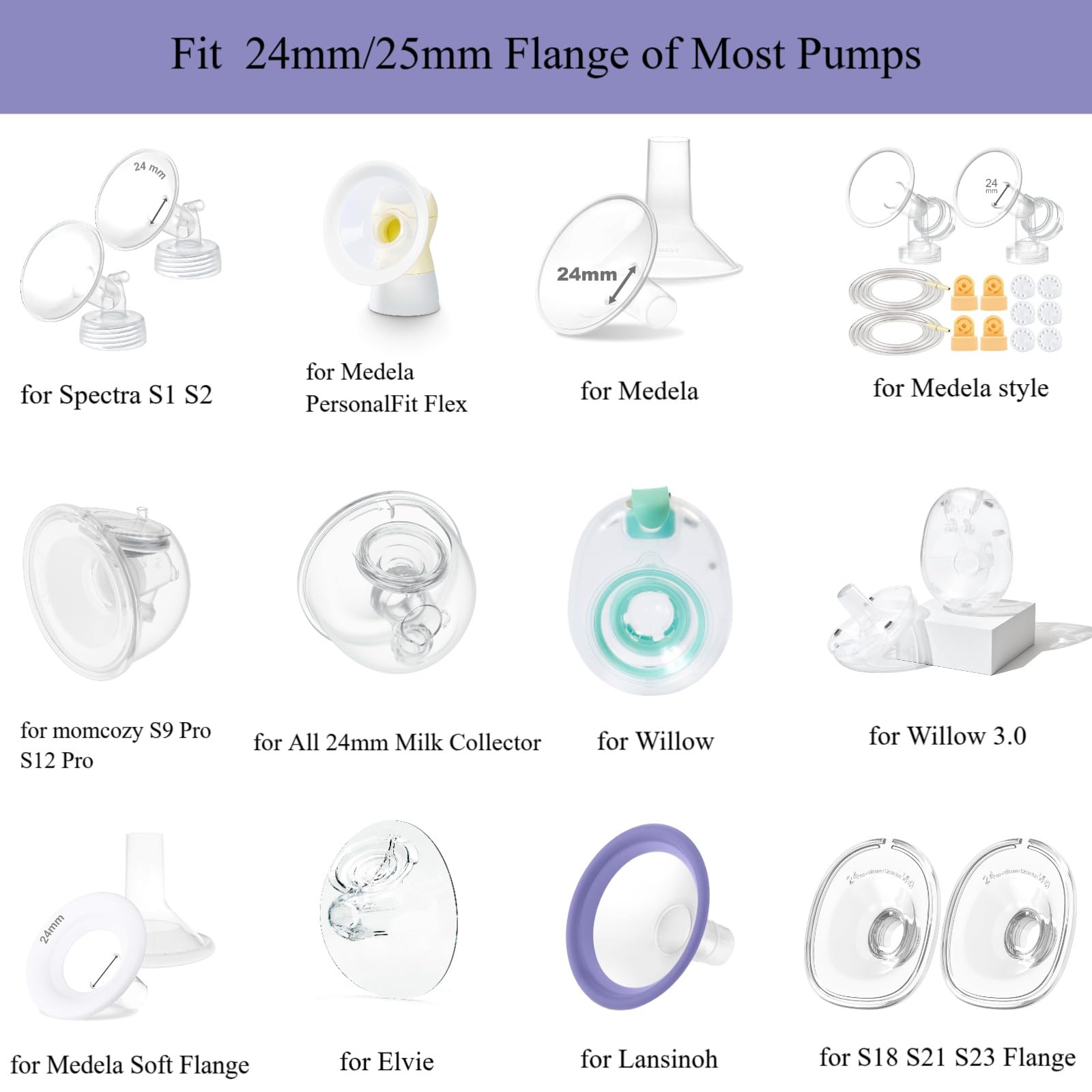 10PCS Flange Inserts 13/15/17/19/21mm for 24mm Flange/Shield of Most Pumps,Compatible with Momcozy/Medela/Elvie/Spectra/TSRETE/Willow/NCVI/kmaier Breast Pumps,Reduce 24mm Tunnel Down to Correct Size