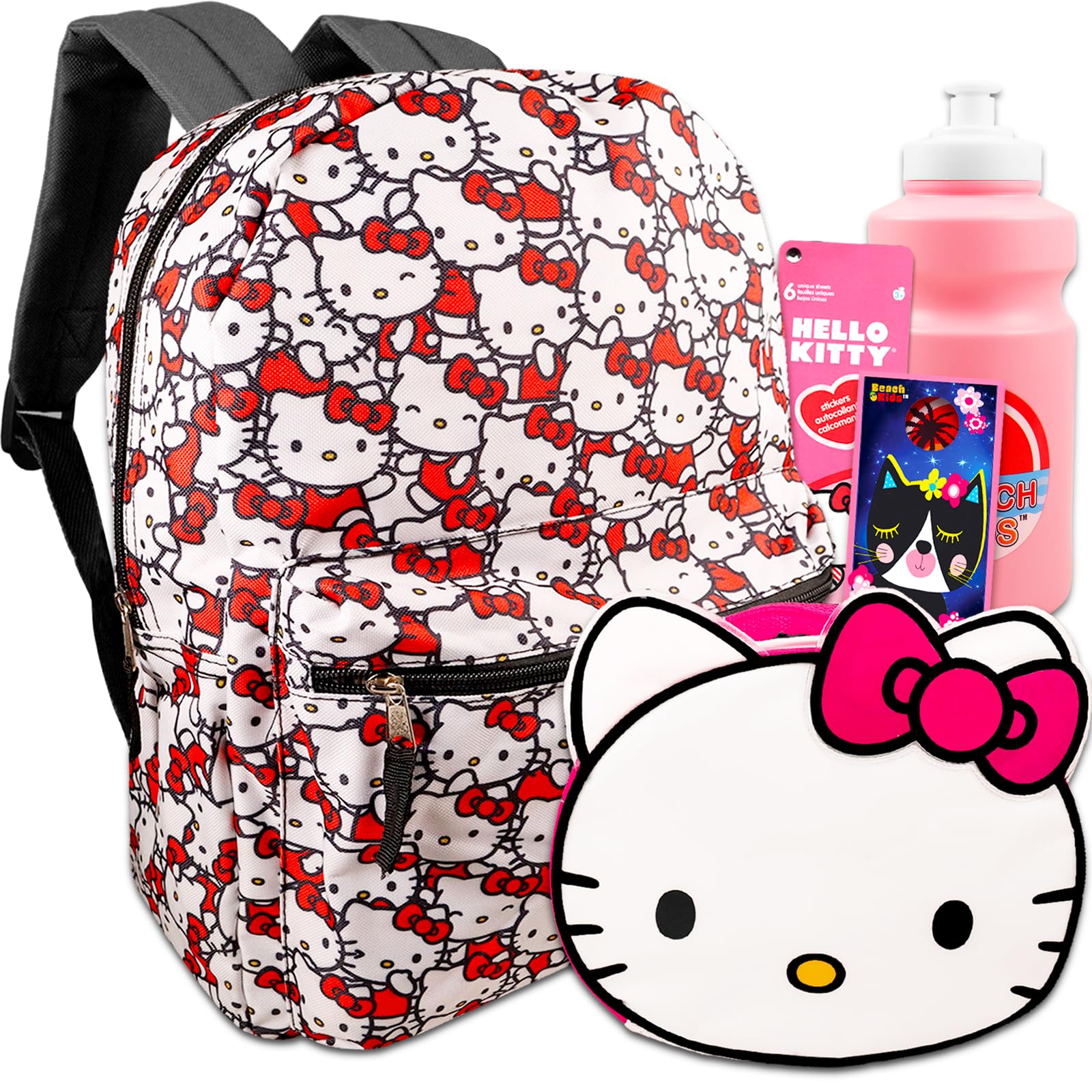 Hello Kitty Backpack and Lunch Box for Girls - Bundle with 16” Hello Kitty Backpack, Lunch Bag, Stickers, Water Bottle, More | Hello Kitty School Backpack Set