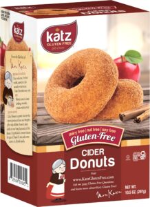 katz gluten free cider donuts, seasonal gluten free donut with a sweet apple cider taste, coated with cinnamon sugar, kosher, dairy free, soy free, nut free, no artificial flavors. 3 pack (10.5 oz)