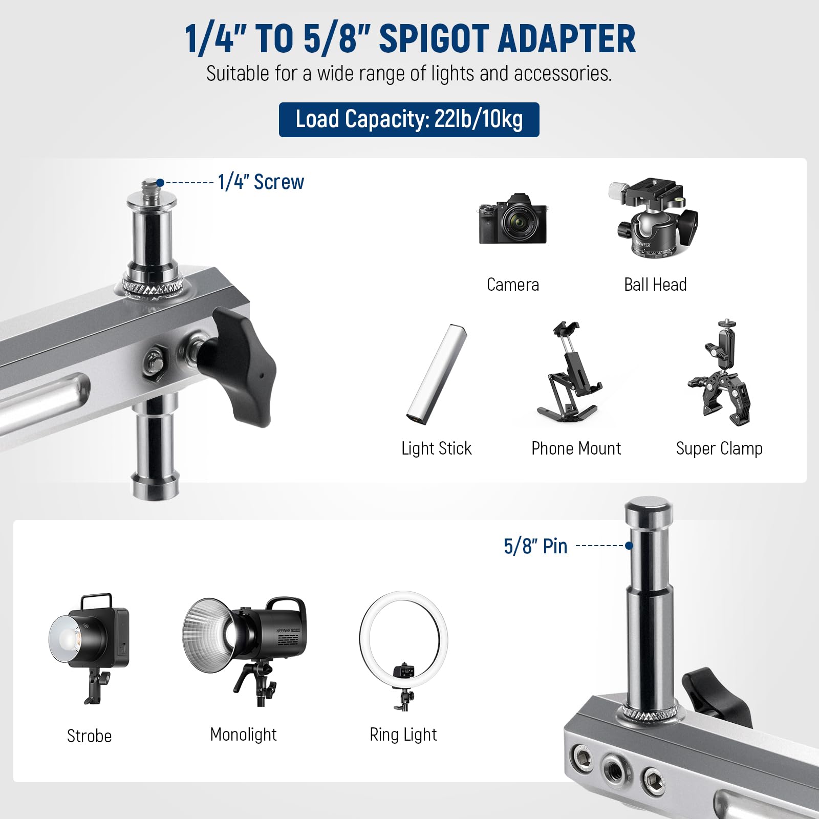 NEEWER 88"/224cm Light Stand Stainless Steel Heavy Duty with Pistol Grip, Sliding Arm, Detachable Caster, Folding Leg, 1/4" 5/8" Spigot, Photography Flash/Ring Light Stand, Max Load 22lb/10kg, ST003