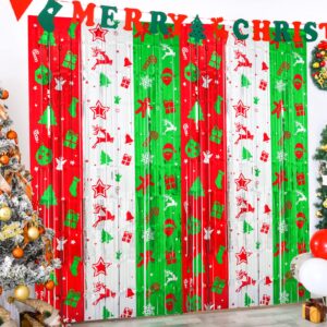 lolstar christmas party decoration, 4 pack christmas themed pattern foil fringe curtains 3.3 x 6.6 ft red silver green tinsel fringe photo backdrop streamer backdrop for christmas, ugly sweater party
