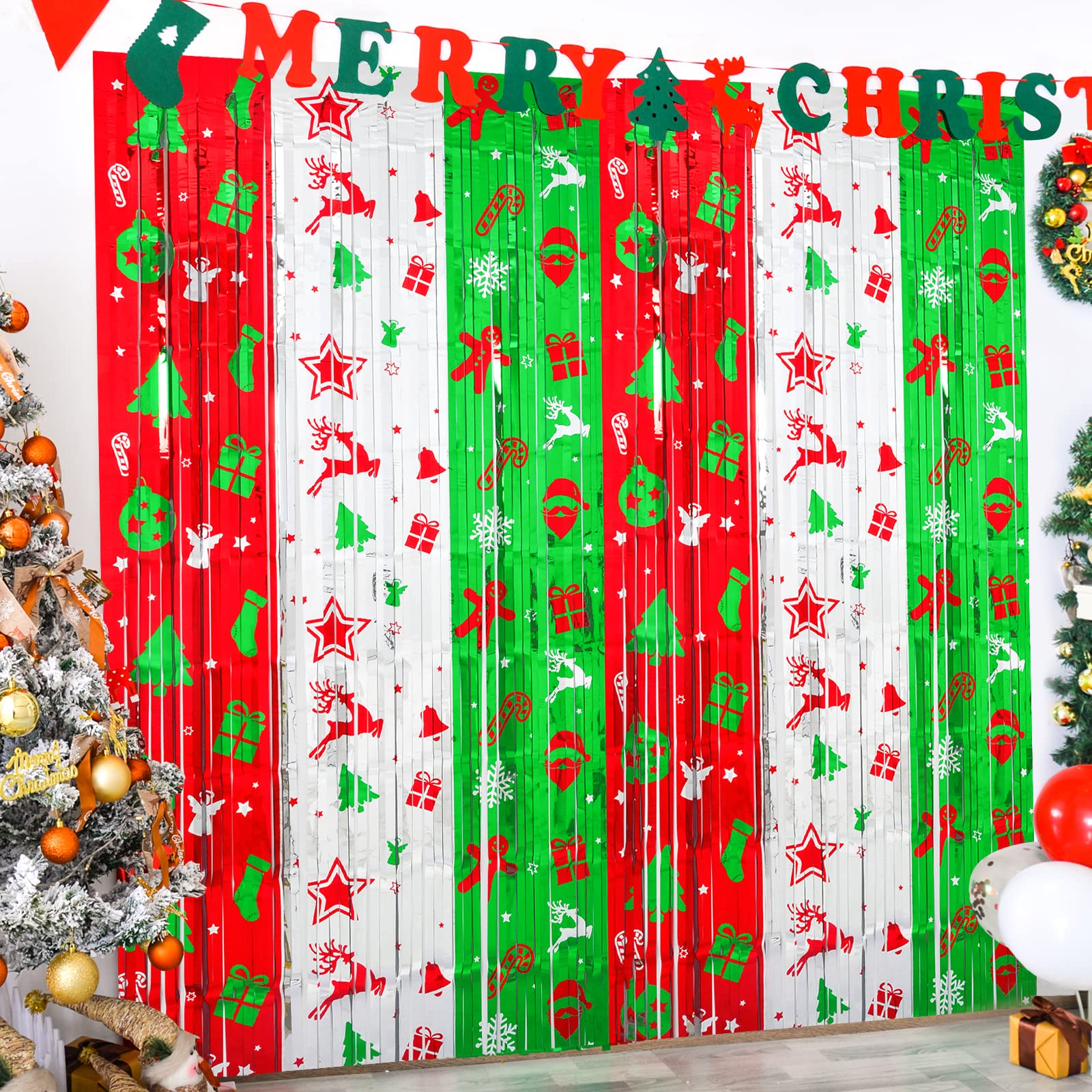 LOLStar Christmas Party Decoration, 4 Pack Christmas Themed Pattern Foil Fringe Curtains 3.3 X 6.6 ft Red Silver Green Tinsel Fringe Photo Backdrop Streamer Backdrop for Christmas, Ugly Sweater Party