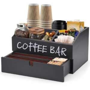 alliecoin coffee station organizer, wood coffee bar organizer for countertop with drawer, k cup coffee bar condiment organizer, coffee pod holder for decor (30x20x16cm) - black