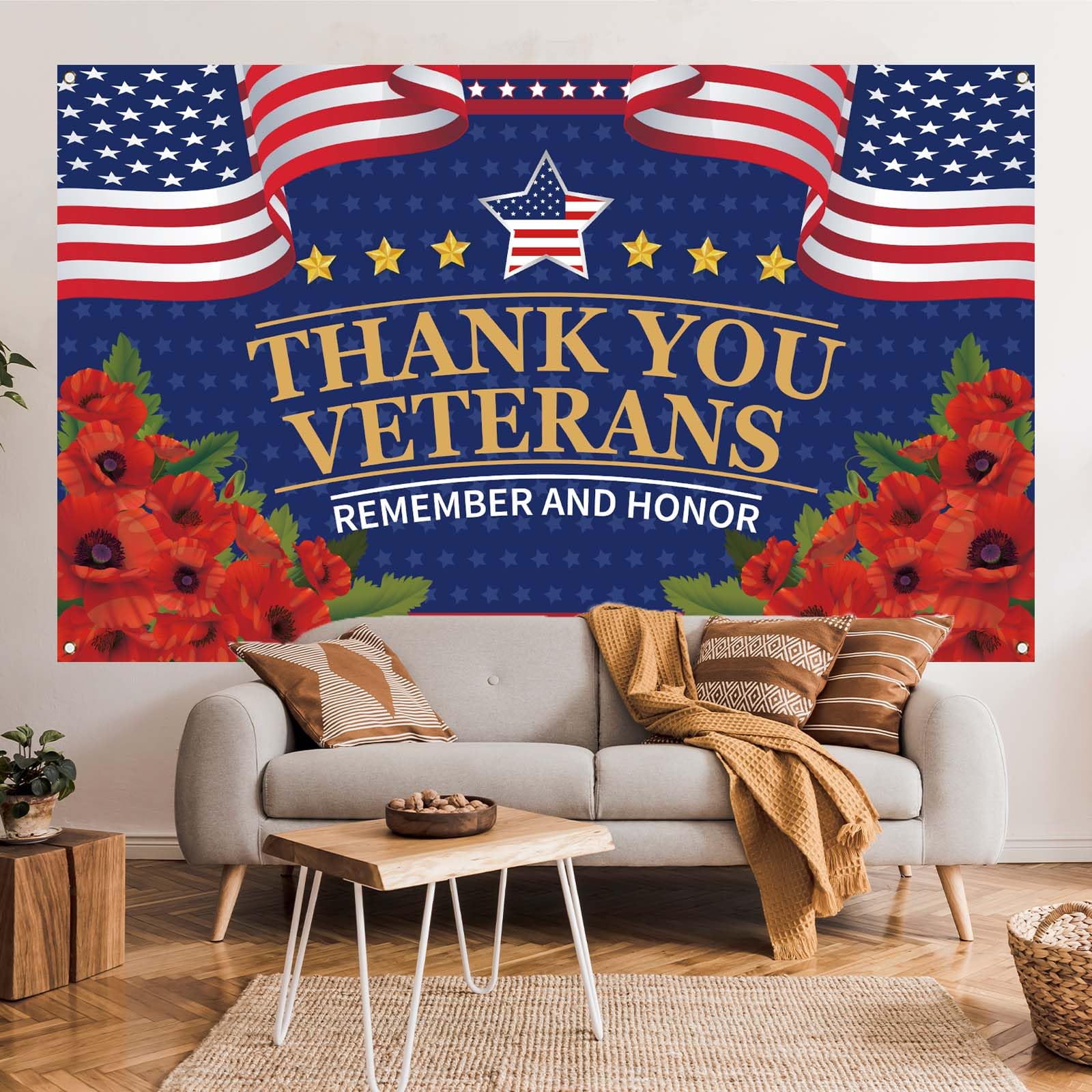 Veterans Day Decorations Photography Red Poppies Thank You Veterans Day Banner 4th of July Patriotic Fourth of July Veterans Day Backdrop Remember and Honor Decorations and Supplies for Party