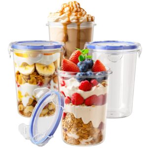 4 pack overnight oats containers with lids, oatmeal container, 16oz leak proof oats jars, bpa free, reusable, portable plastic food storage container for oatmeal, yogurt, soup, cereal, milk and more