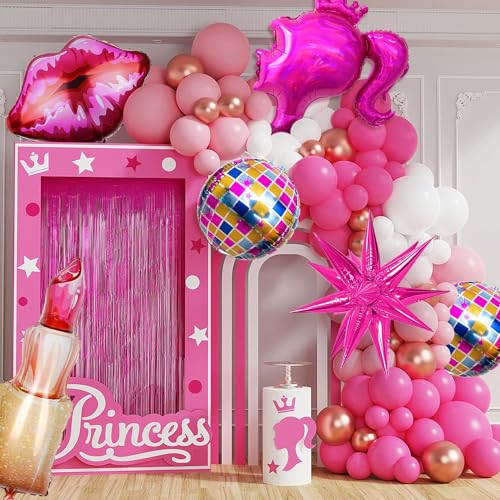 17 PCS Hot Pink Princess Foil Balloon Girl Head Balloons for Pink Princess Doll Theme Party Decorations Photo Booth Backdrop Little Girl Adult Baby Shower Bachelorette Makeup Birthday Supply