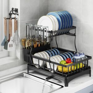 kekape dish drying rack, space-saving & durable, rust-proof 2 tier stainless steel dish rack for kitchen counter with detachable drainboard, utensil holder, and cup holder set,large size, black
