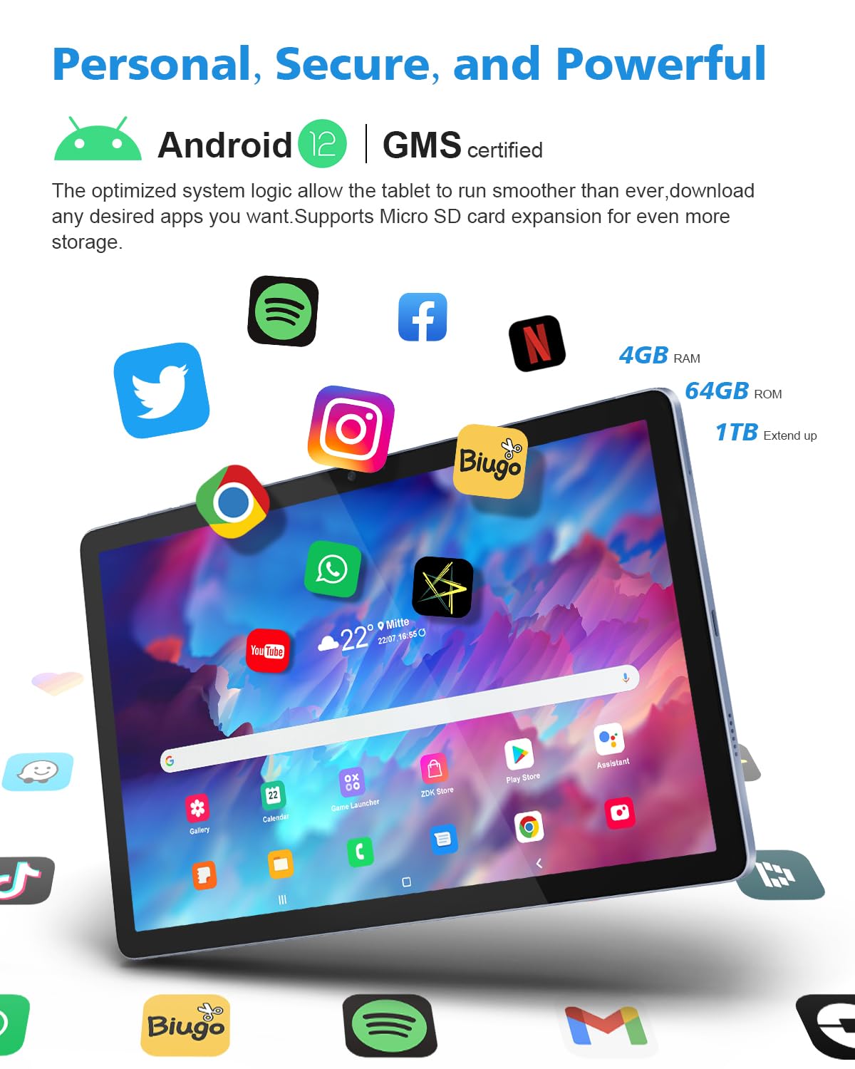 Wielio Android 12 Tablet PC 10 inch, 6GB+128GB Tablet, 1TB Expand 8 Core Android Tablets, 2.4G/5G WiFi, 1920 * 1200 IPS, 6000mAh Fast Charge, Bluetooth 5.0, GPS, Dual Camera, Parent Control