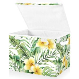 mftjyo storage bin with lid palm leaf frangipani tropical plant green leaves foldable storage box washable fabric storage cubes bin organizer basket closet for home bedroom closet nursery office