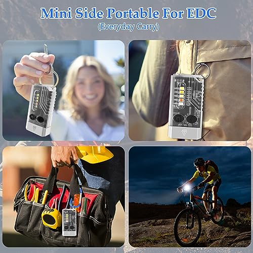 Hisim Mini Powerful Keychain Bright 1000 Lumens EDC Flashlight with 14 Lighting Modes, 365NM UV Light COB Side Light IPX4 Pocket Tail Magnet Buzzer Alarm Rechargeable Flashlight White