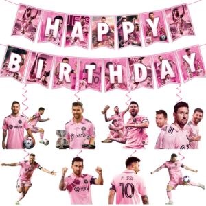 soccer star birthday decorations, soccer star party decorations include 1pcs happy birthday banner and 8 pcs football star party hanging swirls, soccer player decorations for soccer party pink jersey