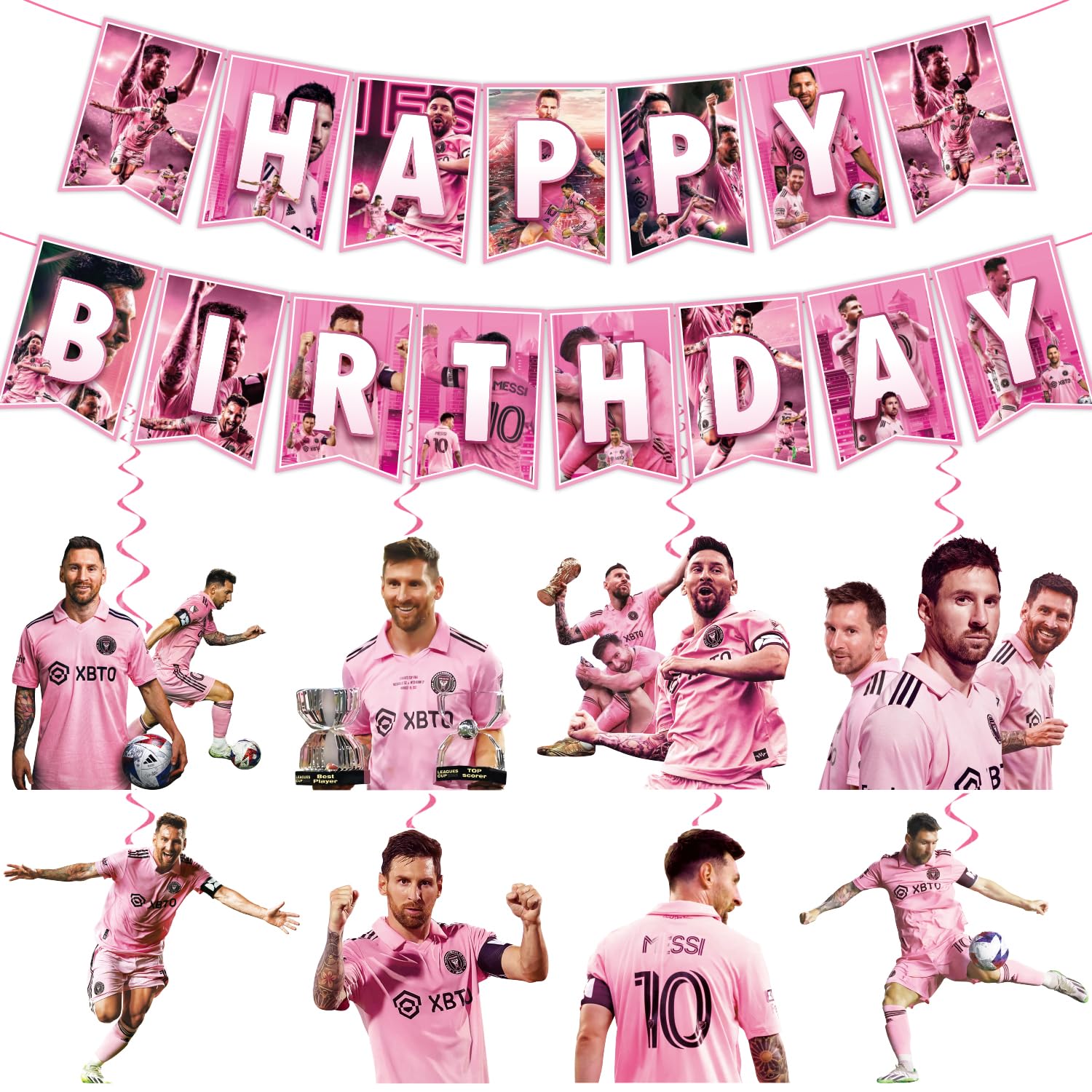 Soccer Star Birthday Decorations, Soccer Star Party Decorations include 1Pcs Happy Birthday Banner and 8 Pcs Football Star Party Hanging Swirls, Soccer Player Decorations for Soccer Party Pink Jersey