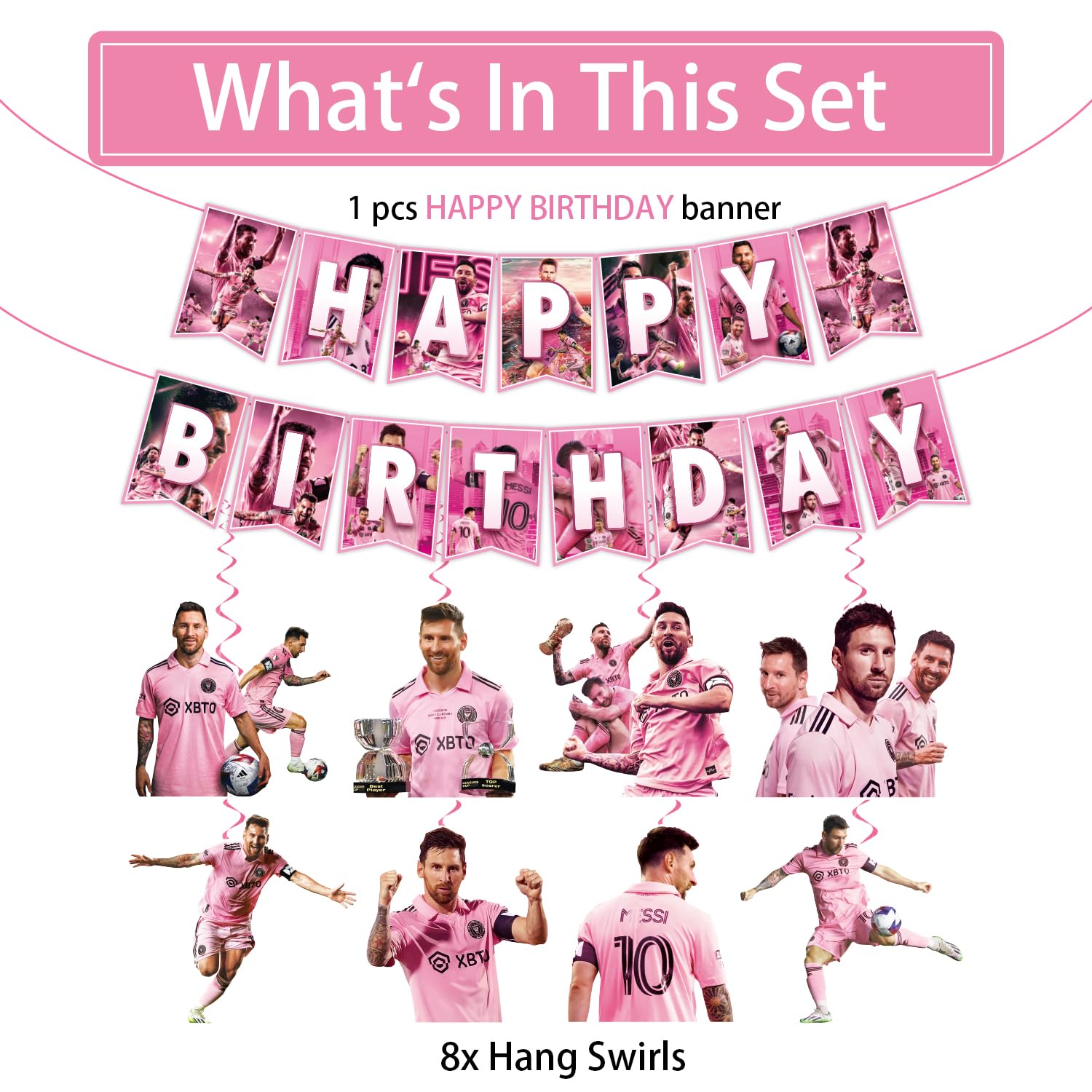 Soccer Star Birthday Decorations, Soccer Star Party Decorations include 1Pcs Happy Birthday Banner and 8 Pcs Football Star Party Hanging Swirls, Soccer Player Decorations for Soccer Party Pink Jersey