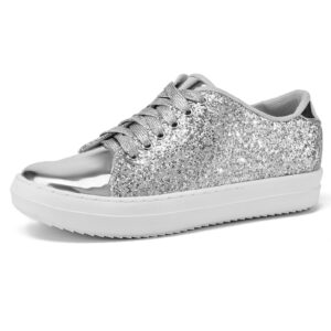 IMPREMEY Women's Glitter Sneakers Lace-Up ，Sparkly Fashion Shoes for Casual Sports Walking Sequin Shoes Silver