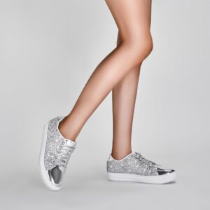 IMPREMEY Women's Glitter Sneakers Lace-Up ，Sparkly Fashion Shoes for Casual Sports Walking Sequin Shoes Silver