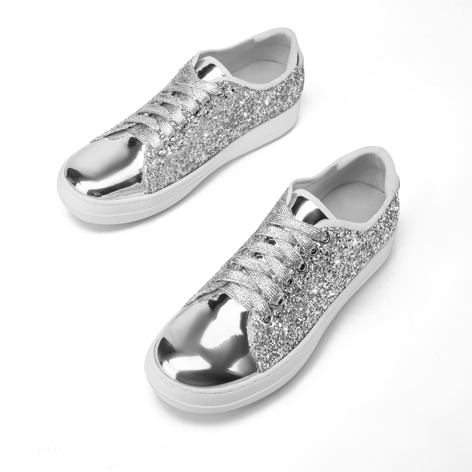 IMPREMEY Women's Glitter Sneakers Lace-Up ，Sparkly Fashion Shoes for Casual Sports Walking Sequin Shoes Silver