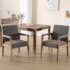 kmax modern dining chairs faux leather kitchen arm chairs upholstered accent chairs set of 2 with wooden legs for dining room, living room, bedroom, grey