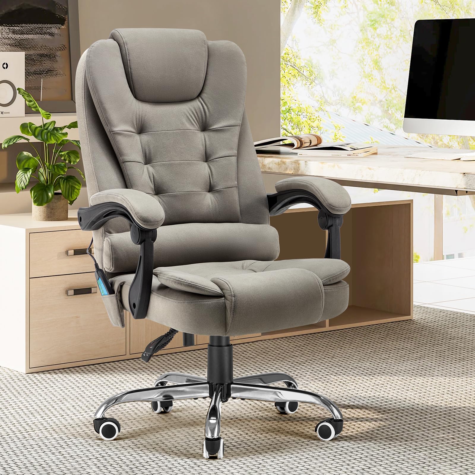 YODOLLA Executive Office Chair with 7 Points Massage&Heat Function, High Back Office Chair w/Footrest Reclining Swivel Home Office Chair, Fabric, Light Grey