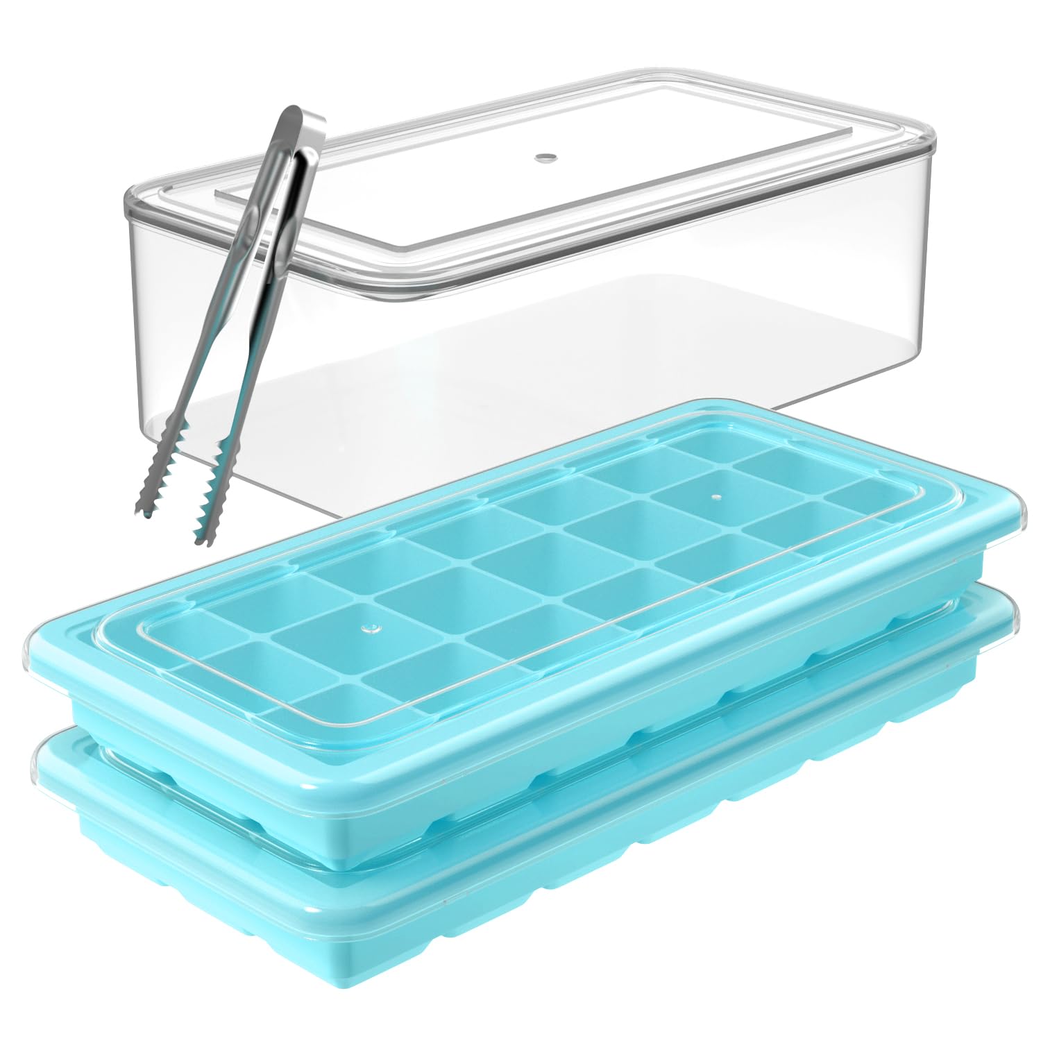 GGOW Ice Cube Tray with Lid and Bin: Stackable Covered Ice Cube Maker for Freezer - Easy Release Flexible Ice Trays Making 1.25inch Ice Cubes - 2Pack Removable Lidded Ice Cube Freezing Tray