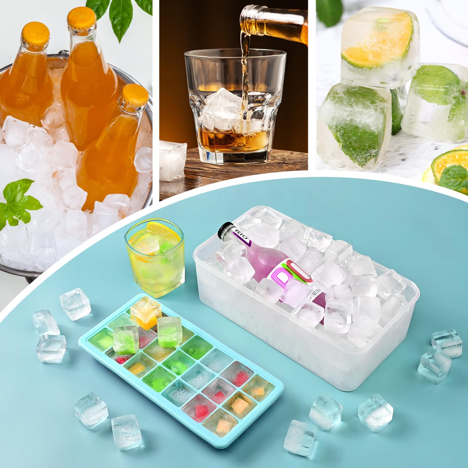 GGOW Ice Cube Tray with Lid and Bin: Stackable Covered Ice Cube Maker for Freezer - Easy Release Flexible Ice Trays Making 1.25inch Ice Cubes - 2Pack Removable Lidded Ice Cube Freezing Tray