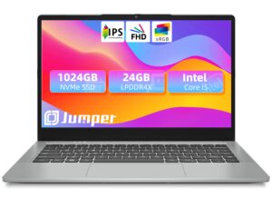 jumper laptop, 24gb lpddr4x ram, 1024gb nvme ssd, intel core i5 cpu(up to 3.6ghz), 14 inch fhd ips display, laptops computer with 4 stereo speakers, cooling fan, 51.3wh, usb3.0 * 3, metal.