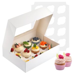 Svalor Cupcake Boxes, 2 Pack Disposable Cupcake Containers, Food Grade Cupcake Carrier 12 Count with Window and Inserts, Cupcake Transport Holders Bulk for Muffins Cookies Treats Dessert（White）