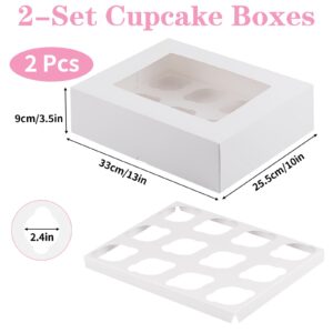 Svalor Cupcake Boxes, 2 Pack Disposable Cupcake Containers, Food Grade Cupcake Carrier 12 Count with Window and Inserts, Cupcake Transport Holders Bulk for Muffins Cookies Treats Dessert（White）