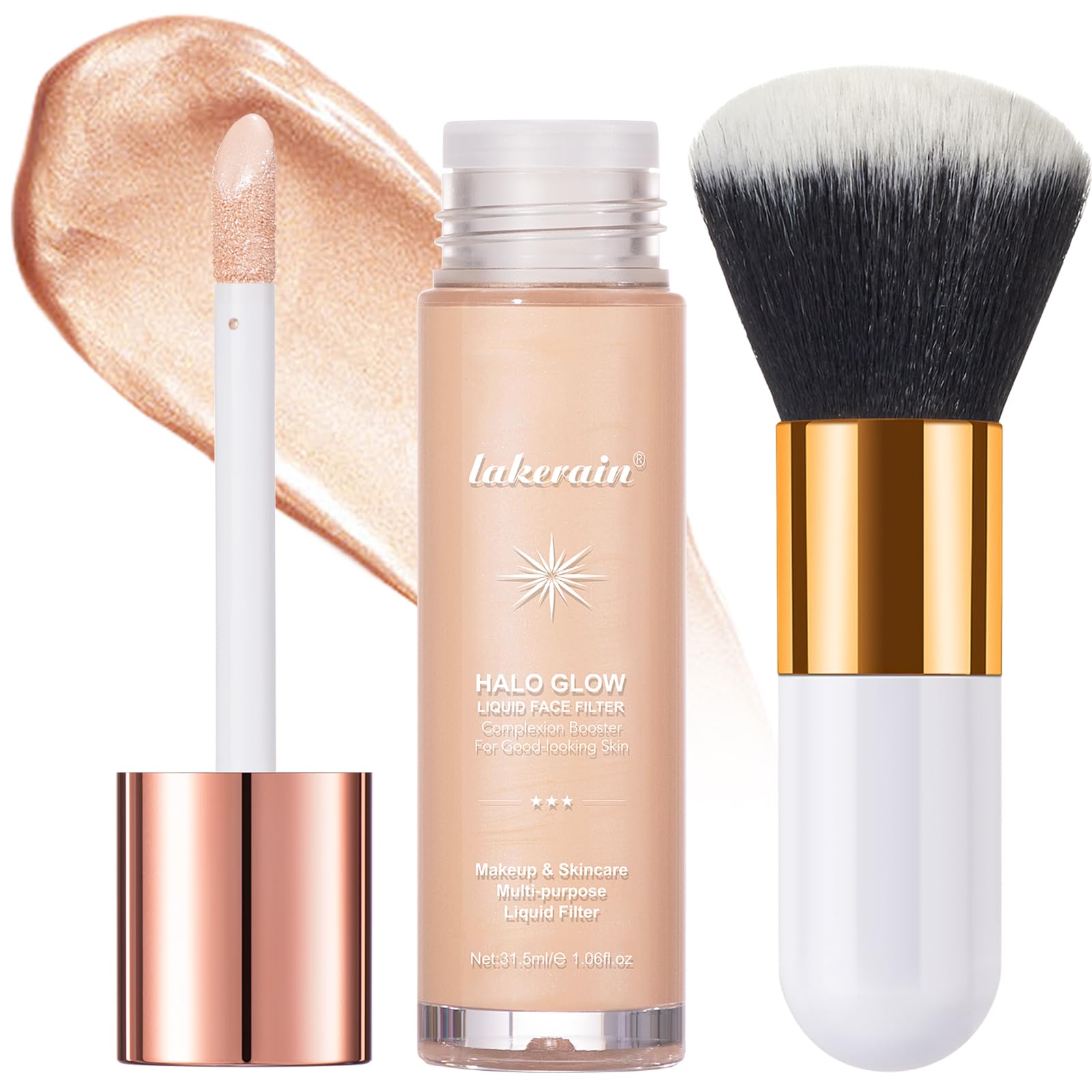 Natural Glow Liquid Filter Makeup, Longwear Face Luminizer, Complexion Booster For Any Part of the Body, Liquid Highlighter with Brush Kit, Infused Hyaluronic Acid, 1.06 fl oz (#03 LIGHT/MEDIUM)