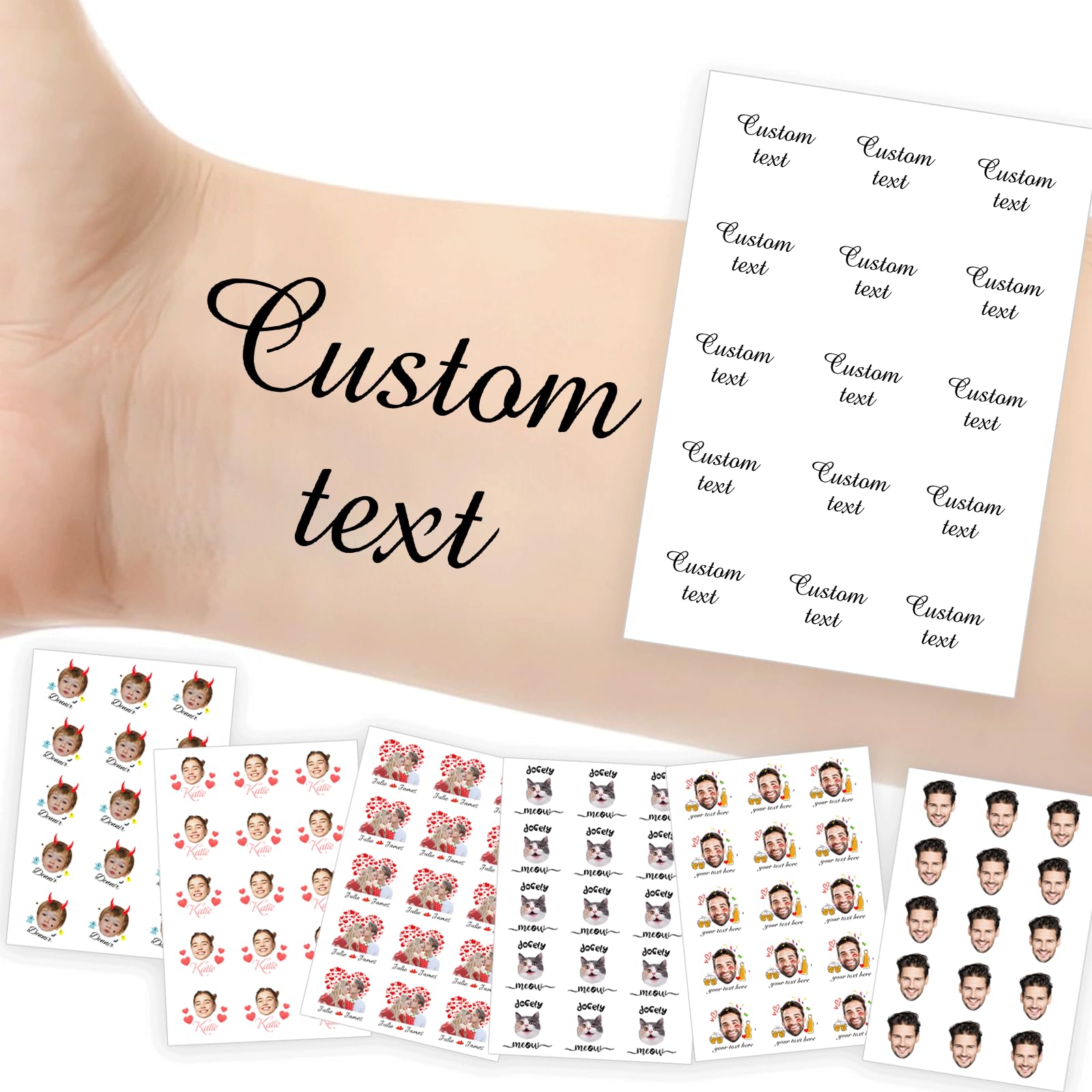 Custom Temporary Tattoos Personalized Tattoos with Photo Face Name Logo Customized for Adults Kids Women Men Gift Wedding Birthday Xmas Bachelorette Party Graduation Decor Text