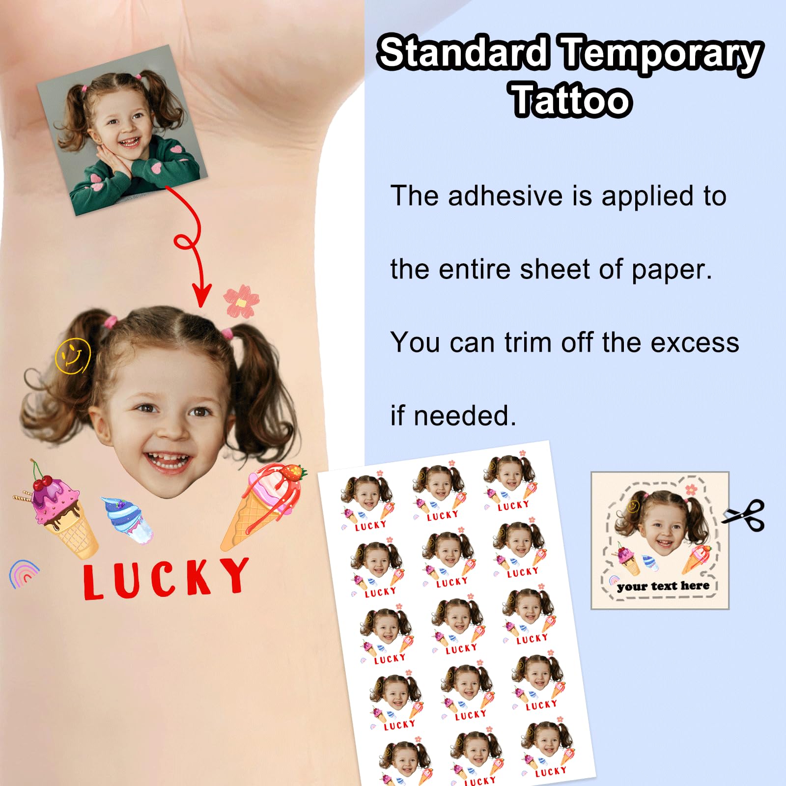 Custom Temporary Tattoos Personalized Tattoos with Photo Face Name Logo Customized for Adults Kids Women Men Gift Wedding Birthday Xmas Bachelorette Party Graduation Decor Text