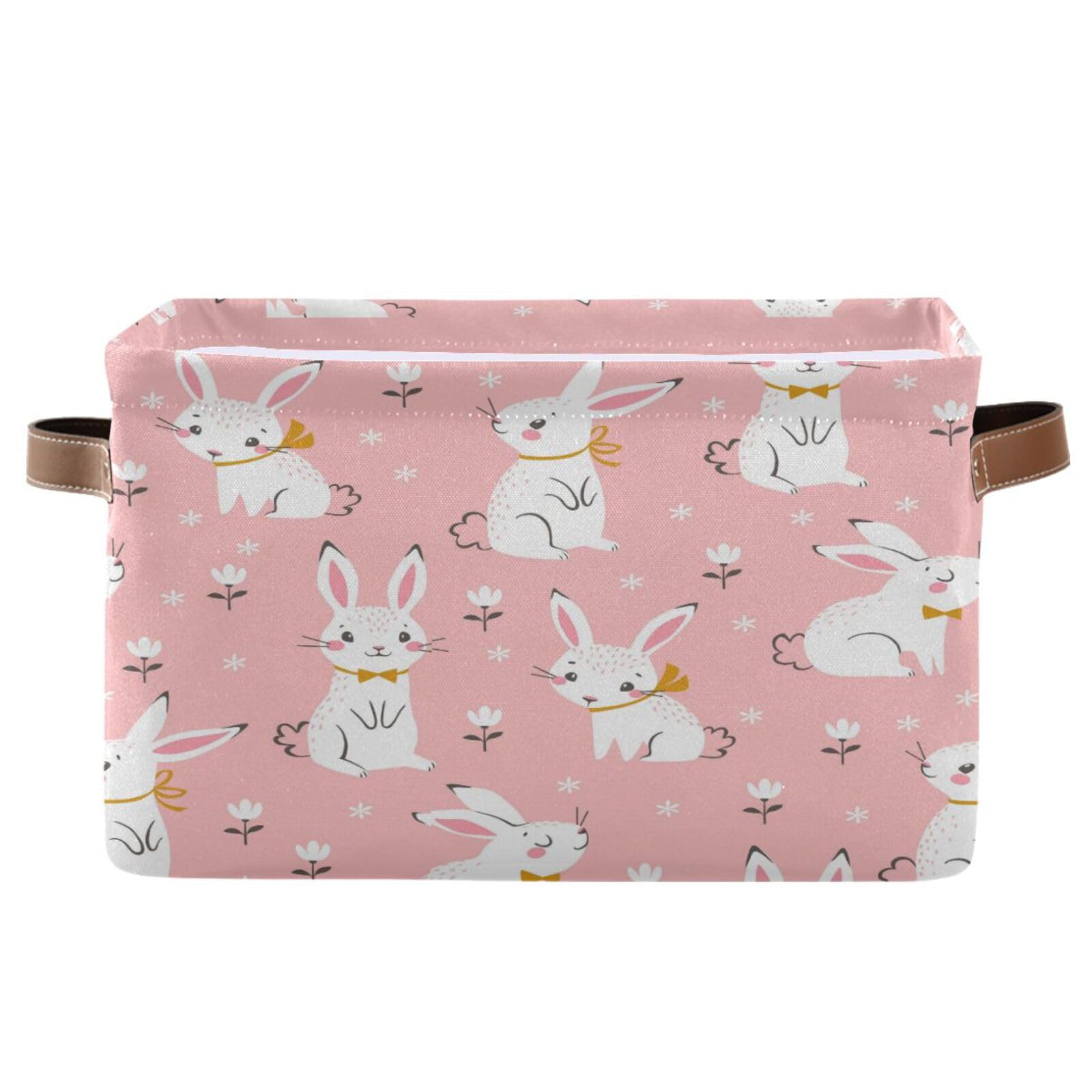 HOYYU Pink Rabbits Bunny Basket Decor Storage Bin Basket For Shelf Closet Foldable Fabric Storage Box Cube With Handles Large Kids Toys Clothes Organizer Basket For Nursery Bedroom