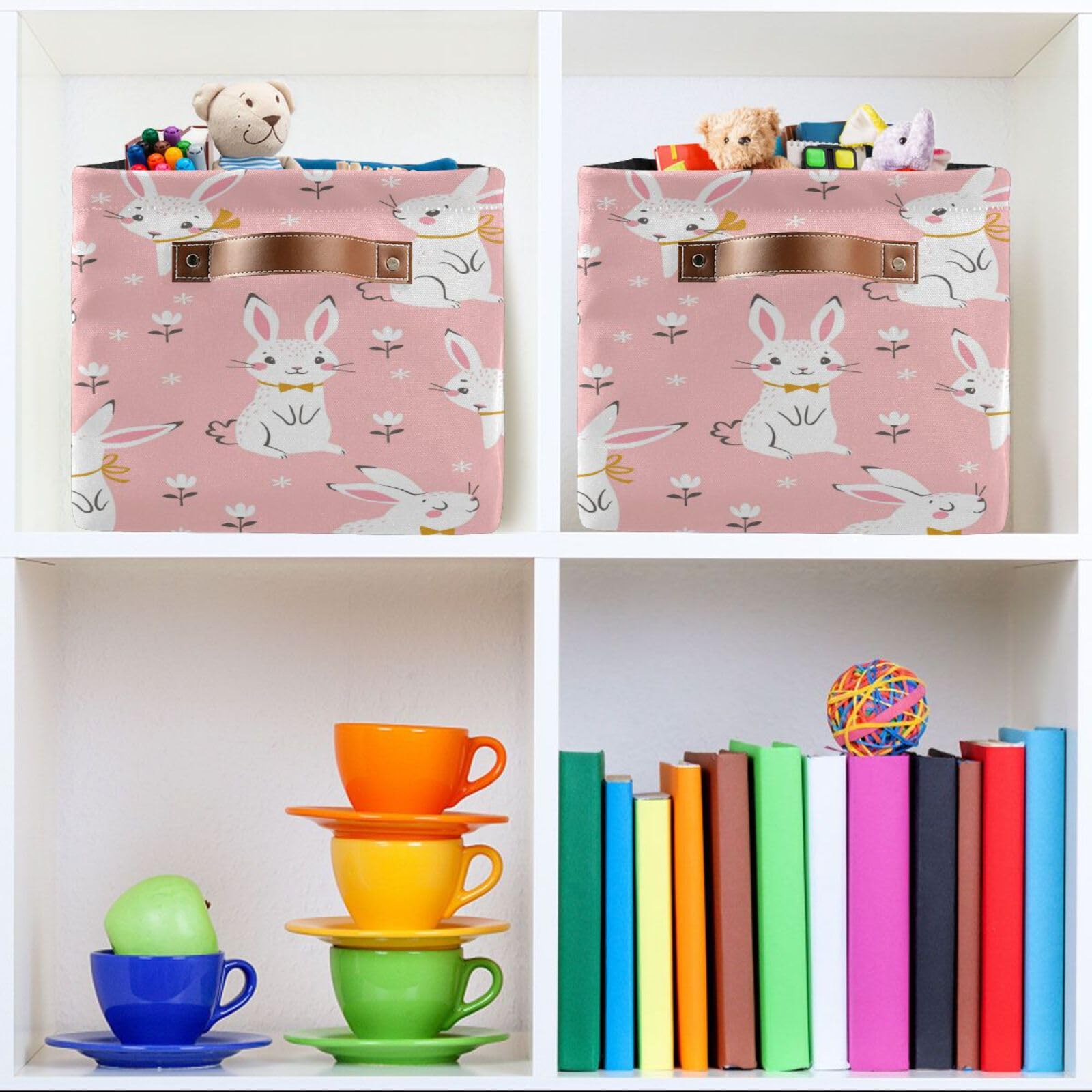 HOYYU Pink Rabbits Bunny Basket Decor Storage Bin Basket For Shelf Closet Foldable Fabric Storage Box Cube With Handles Large Kids Toys Clothes Organizer Basket For Nursery Bedroom