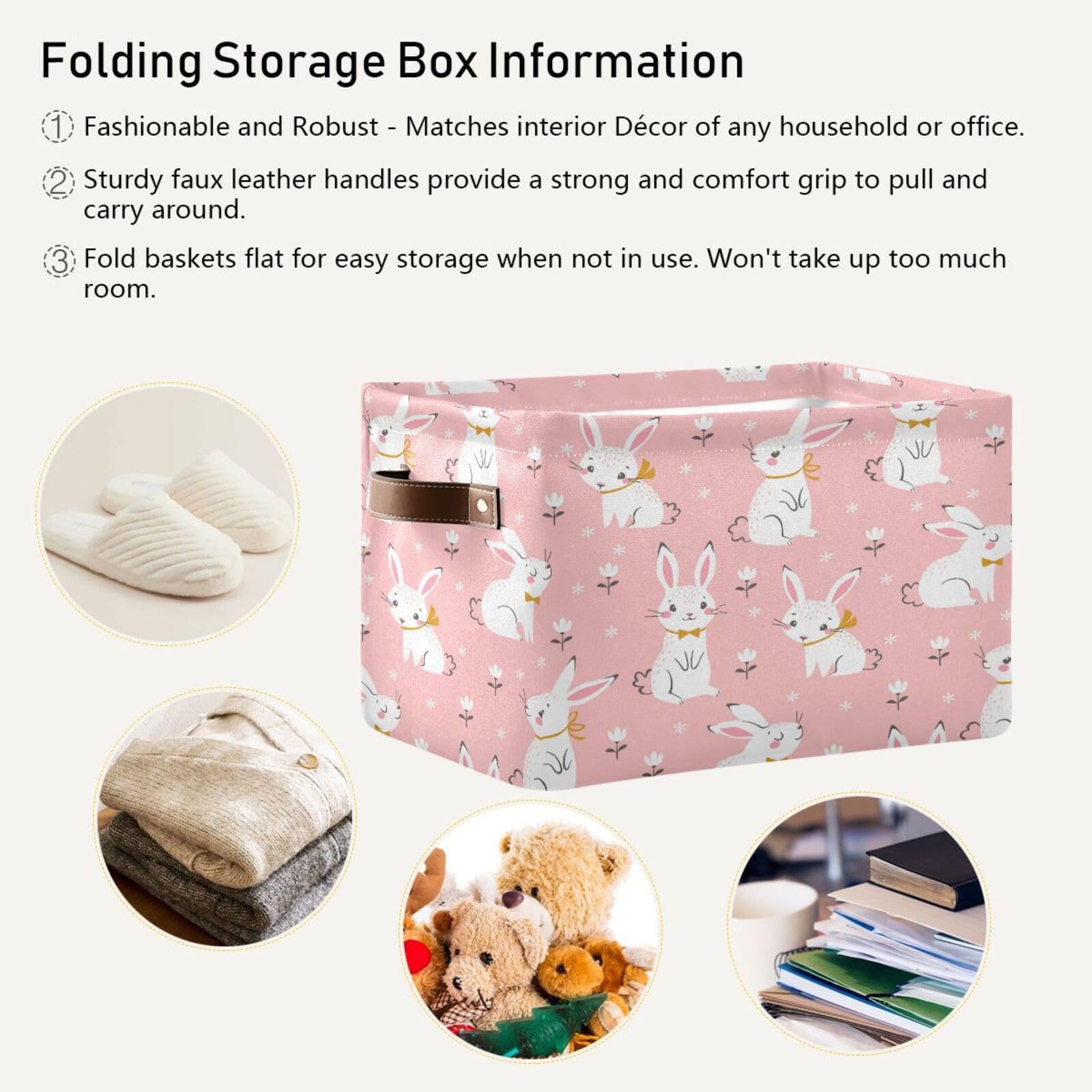 HOYYU Pink Rabbits Bunny Basket Decor Storage Bin Basket For Shelf Closet Foldable Fabric Storage Box Cube With Handles Large Kids Toys Clothes Organizer Basket For Nursery Bedroom