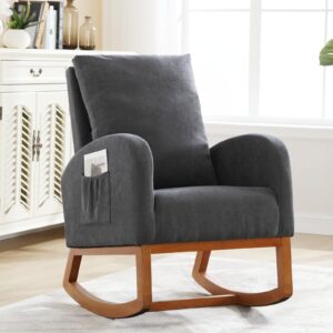 DecoraFlex Modern Accent Rocking Chair Nursery, Dark Gray Nursery Rocking Chairs with Solid Wood Legs, Upholstered Tall Back Accent Glider Rocking Chair for Living Room/Bedroom/Nursery