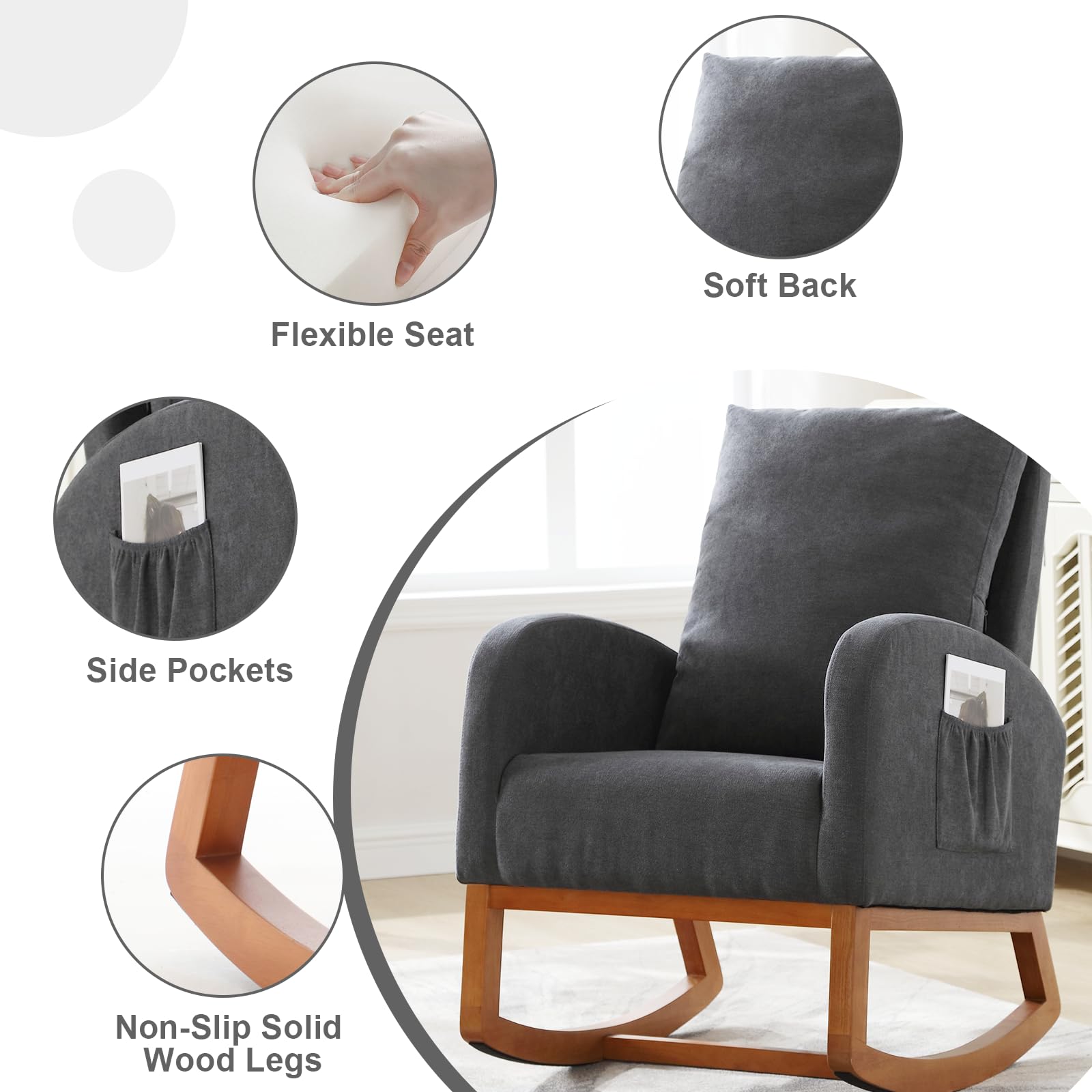 DecoraFlex Modern Accent Rocking Chair Nursery, Dark Gray Nursery Rocking Chairs with Solid Wood Legs, Upholstered Tall Back Accent Glider Rocking Chair for Living Room/Bedroom/Nursery